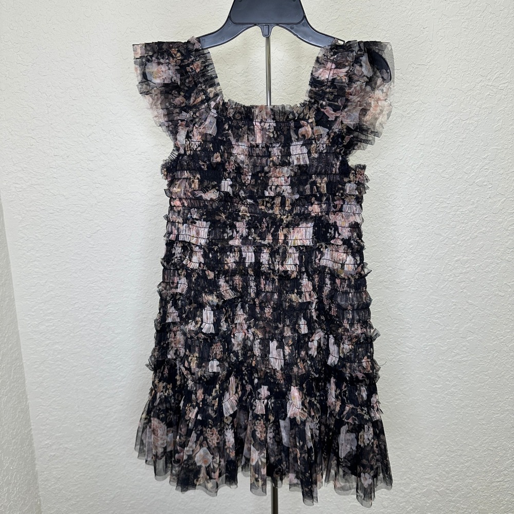 NWT GB Girls Size 10 Black Floral Tulle Smocked Ruffle Dress